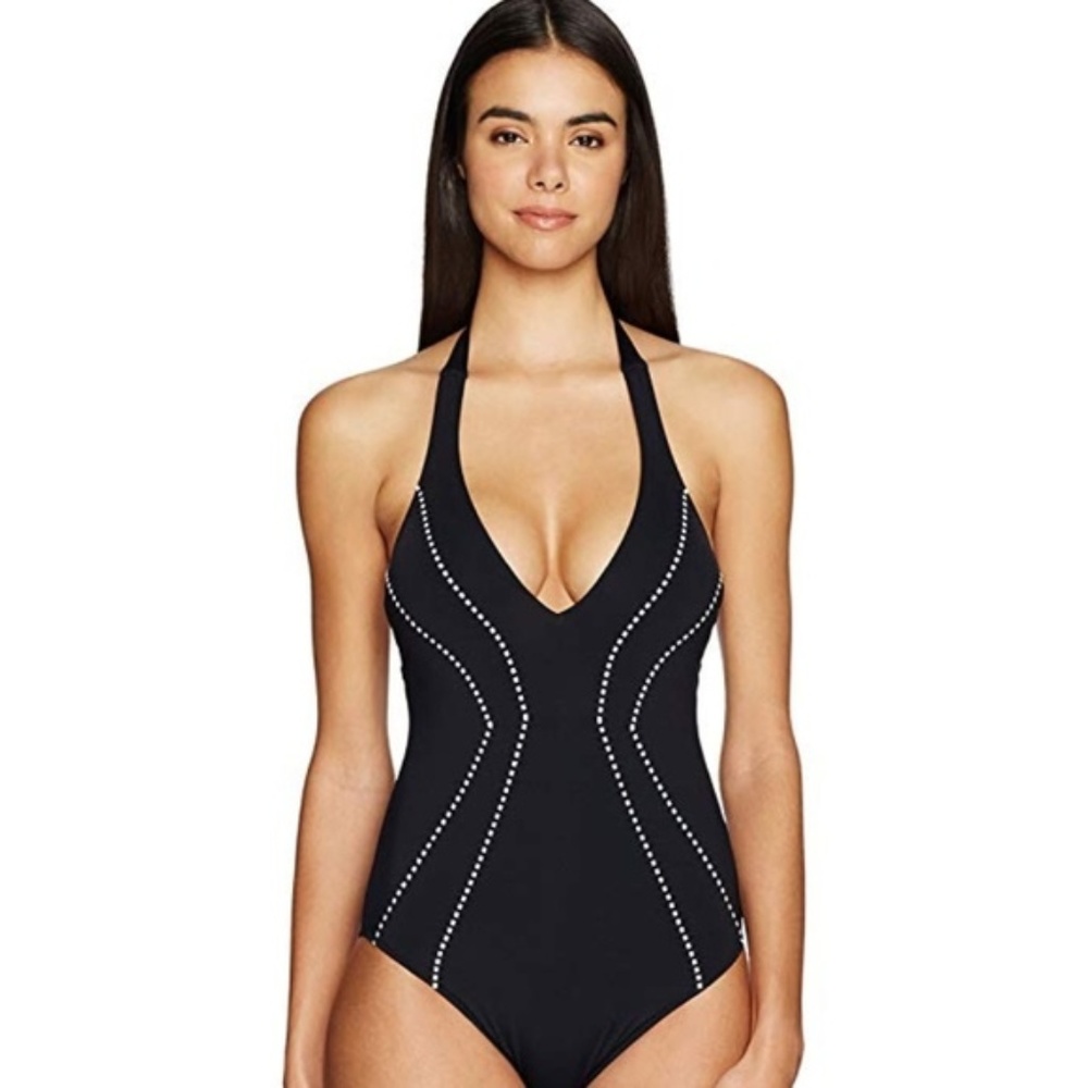 NWT Seafolly Deep V Maillot Black One Piece Sz 10